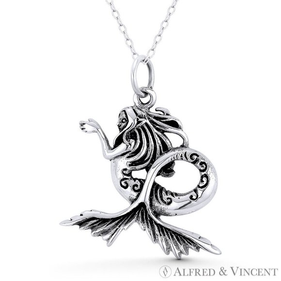 Mermaid / Siren Mythical Creature Charm Pendant in Oxidized .925 Sterling Silver - Picture 1 of 1